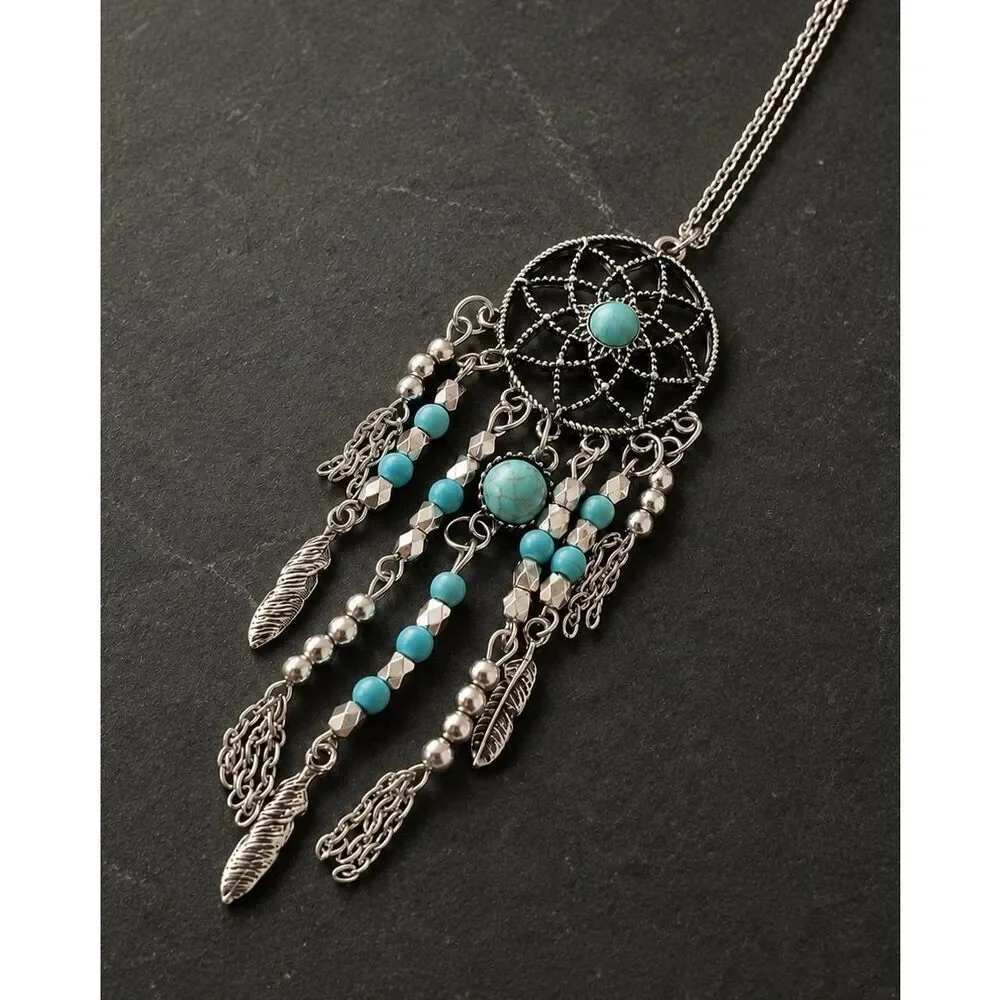Men’s Turquoise & Feather Dreamcatcher Long Pendant Necklace Silver Tone Tassels